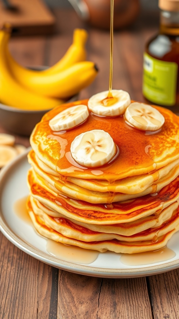 A stack of banana pancakes with syrup and banana slices on a wooden table.